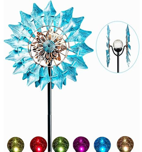 Solar Wind Spinner New Azure 75in Multi-Color Seasonal LED Lighting Solar Powered Glass Ball with Kinetic Wind Spinner Dual Direction for Patio Lawn & Garden