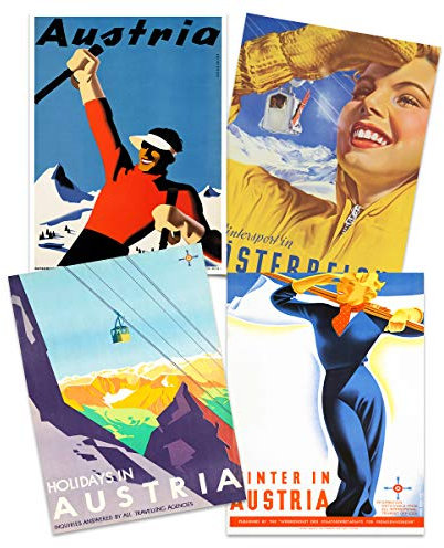 Wee Blue Coo Austria Skiing Travel Winter Sport Snow Alps Unframed Wall Art Print Poster Home Decor Premium Pack of 4 Österreich Skifahren Reise Schnee Alpen Wand Zuhause Deko