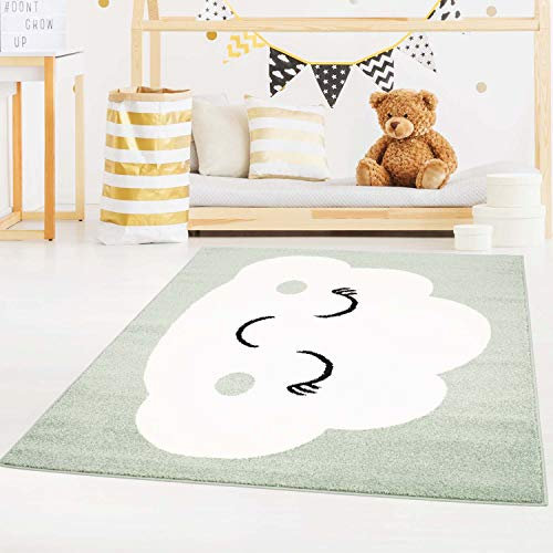carpet city Wolkenteppich Grün Kinderzimmer - 140x200 cm - Kinderteppich Wolke für Jungen und Mädchen