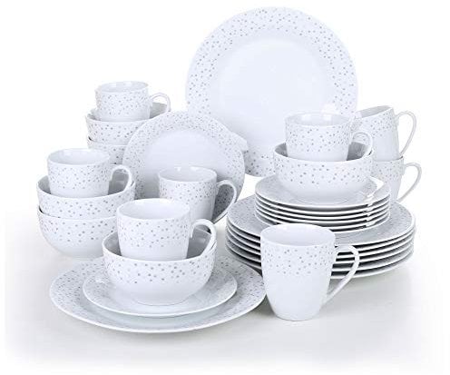 VEWEET, Series Orion, 32-Piece Dinner Set of Porcelain Combination Set with 10.75 Dinner Plate, 7.5 Dessert Plate, 5.5 Cereal Bowl and 380ml Mug, Service for 8