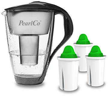 PearlCo 2L Glas Wasserfilter Krug mit 3 alkalischen Filterkartuschen - basisches Wasser durch 5 Stufen Filtration - Aktivkohle und Ionenaustausch-Filter-System - schwarz