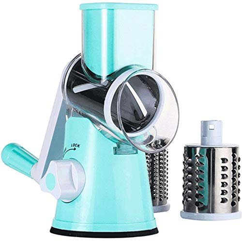 KUANDARg Seguridad Manual Máquina Multifuncional para Cortar Verduras Y Frutas Tipo Tambor Giratorio Rallador De Queso con 3 Cuchillas Giratorias De Acero Inoxidable Multifuncional, Blue