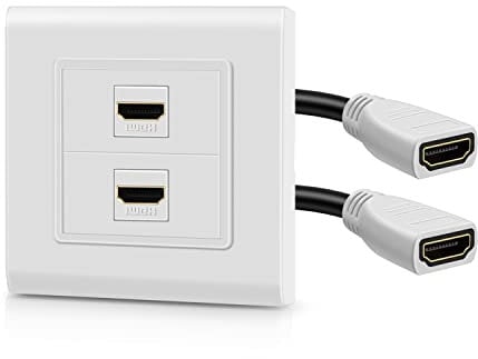 TNP Prise Double Murale hdmi avec câbles et connecteur - 2 Port HDMI, Plastron hdmi Audio, décorative, Prise en Charge 4K, UHD, Arc, Ethernet-Boîtier et rallonge Haut débit, Blanc