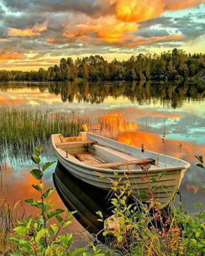 WOWDECOR Paint by Number Kits for Adults Beginners, DIY Number Painting Lake District Narrow Boat Sunset Landscape 40x50 cm Wall Art Decor (Frameless)