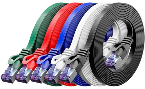 deleyCON 5x 0,5m Plano CAT7 Cable de Red (CAT 7 con 10 Gbit/s) Gigabit LAN - RJ45 Ethernet Corto Cable de Conexión Plano - para Internet Conmutador Enrutador Módem Panel de Conexiones - Colores