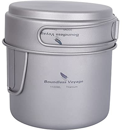 Boundless Voyage 1100ML+300ML Titanium Pot Pan Set with Folding Handles Camping Cookware Outdoor Picnic Hiking Mess Kit Ti2053C