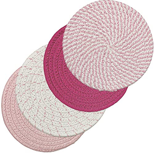 Svkiyang 4 Stück Topfuntersetzer Set Untersetzer Baumwolle Faden Weben Matte Heißer Topf Halter Topflappen,4 Farben Runde Geflochtene Untersetzer Topf Heiß Pads Löffelablage zum Kochen in Küche…