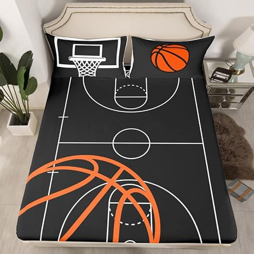 Basketball Court Print Fitted Sheet,Ball Sports Games Themed Bedding Set All-Round Elastic Deep Pocket Room Decor,Orange Basketball and Hoop Breathable Luxury Bed Sheet(2 Pillowcases), King Size