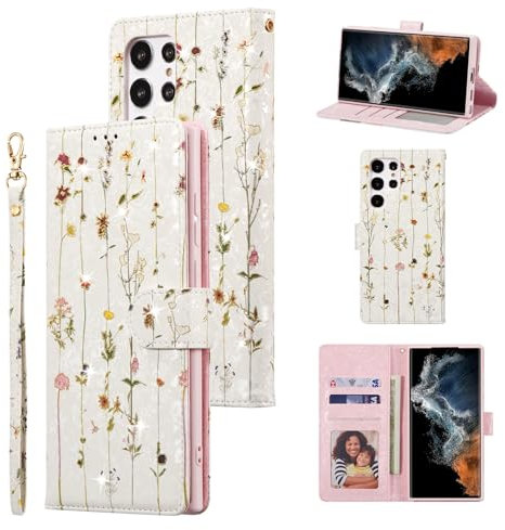 UEEBAI Wallet Case for Samsung Galaxy S21 Ultra 5G, PU Leather Phone Case Kickstand RFID Blocking Flip Case with Card Slots Wrist Strap Relief Engraved Pattern Magnetic Closure Folio Case - Vine