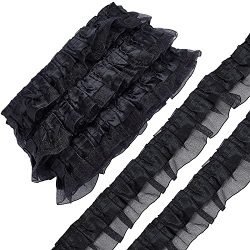 GORGECRAFT 10m 2-Lagiges Satin-Organza-Spitzenband Plissee-Spitzenkantenbesatz Schwarzer Rüschen-Chiffon-Kantenbesatz Tüllstoff Für Stoffapplikationen Verzierungen DIY-Näharbeiten