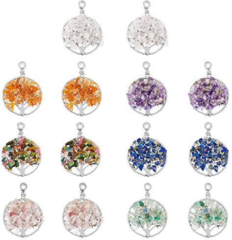 SUPERFINDINGS 14 Pz Lega Albero della Vita Ciondoli 7 Stili Quarzo Gemst1 Ciondoli Naturali Misti Stone Chip Perline Ciondoli Ciondoli per Collana Bracciale Creazione di Gioielli, Foro:4~5mm