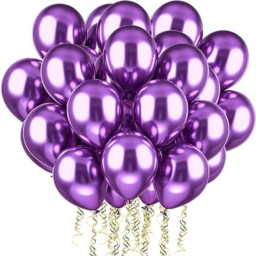 PuretéavHom 60 Stück Luftballons Violett Helium Ballons mit 3 Rollen farbiger Bänder 12 Zoll Luftballon Latexballons Metallic Luftballons für Geburtstagsdeko Hochzeit Taufe Deko Partydeko