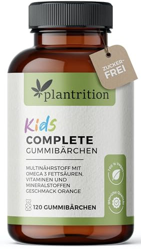 plantrition KIDS Complete 120 Vitamin Gummibärchen Kinder zuckerfrei - Leckere Multivitamin Gummies mit Omega 3 (Vegan), Vitamin C, Vitamin D3, K2, B12, Zink & mehr