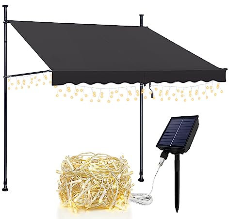Klemmmarkise, Markise Balkon ohne Bohren, UV-beständig Terrassenüberdachung mit Handkurbel, Höhenverstellbarer Balkon Sonnenschutz Terrasse Wasserdicht, B250*T120 cm Dunkelgrau mit Solar Lichterkette