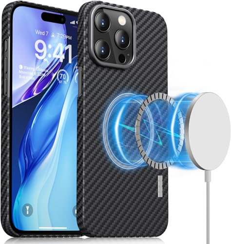 Memumi Magnetische Carbon Hülle für iPhone 15 Pro Max, Kompatibel Mit Mag-Safe, 100% Aramidfaser, Ultradünn Mit Fallschutz