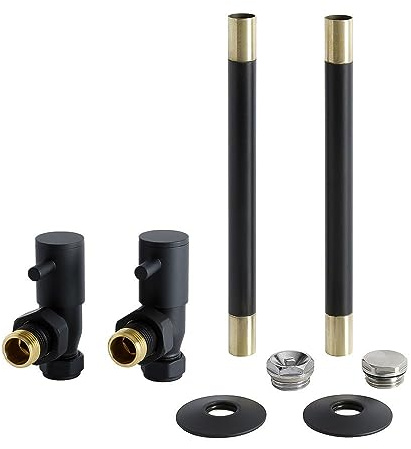 MILANO Black Angled Heated Towel Rail Radiator Valves Pipe Connector Kit | Brass Construction. Fits Radiators & Towel Rails. Angled Valve Design. Contemporary Style. Fits 15mm Pipes. 1/2 Threads.