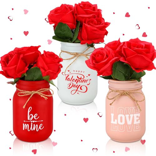 Ziliny 3er-Set Valentinstag Esstisch Tafelaufsatz Dekor Home Farmhouse Mason Jar Decor Set 3 Valentines Mason Jars for Flowers Decorative Jars 3 Bundle Red Rose for Valentine's Day Decoration