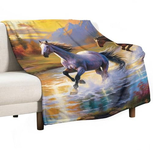 DELIBEST Laufende Pferdedecke, Fleece-Flanell, gemütliche Überwurfdecken, atmungsaktiv, leicht, warm, Bettdecke, galoppierende Pferdedecke für Couch, Bett, Sofa, alle Jahreszeiten, 152,4 x 203,2 cm