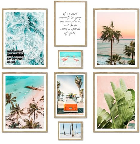 ARTFAVES® Poster Set - SUMMER VIBES - mehrteilige Wanddeko Wohnzimmer & Schlafzimmer - 8 moderne Wandbilder Sommer, Strand, Meer, Palmen, Surf, Beach, Ocean - mit Rahmen Eiche