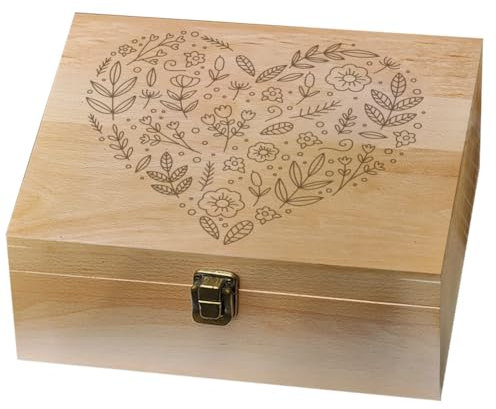 arricraft 1 Stück Andenkenbox aus Holz, 25.5x20.5x10.8 cm Herz-Memory-Holzkiste Mit Deckel, Pflanzen-Liebe-Aufbewahrung, Dekorative Box Für Fotos, DVDs, Briefe