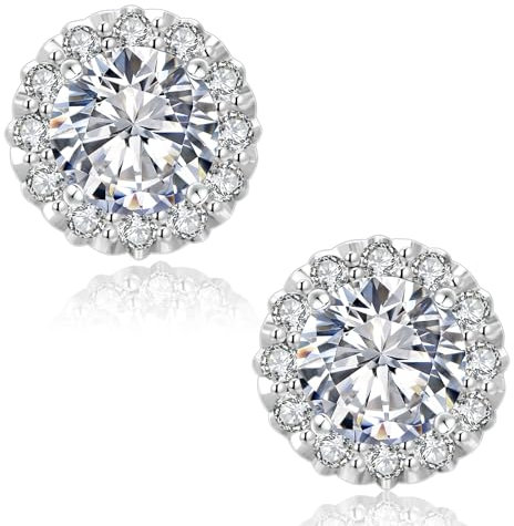 KRKC&CO Moissanite Ohrringe Damen S925 Silber, Blume Ohrsteckers Halo, 2,0 Karat echter runde Moissanit Diamant, VVS1 Reinheit D Farbe, Weißgold vergoldet allergiefrei, Halo
