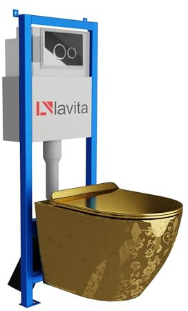 Lavita LAV 101 Vorwandelement für WC 40cm + Wand Hänge Tiefspül WC SOFI SLIM GOLDEN EYE Spülrandlos + Bedienplatte LAV 200.4.2 Verchromt | Komplettset | Unterputz Spülkasten | Toilette Komplett Sett