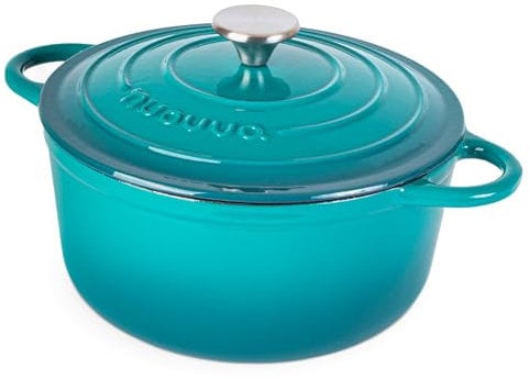 Cast Iron Dutch Oven with Lid – Non-Stick Ovenproof Enamelled Casserole Pot – Sturdy Dutch Oven Cookware – Teal, 5-Quart, 24cm – by Nuovva