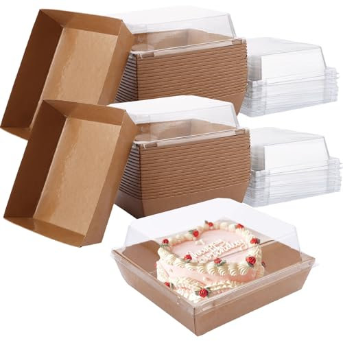 AHAQU 100PCS Cake Slice Boxes, 12cm Small Cake Boxes with Clear Lids, Square Disposable Food Containers Takeaway Boxes for Cupcake, Sandwich, Dessert, Cookie, Bakery- Brown