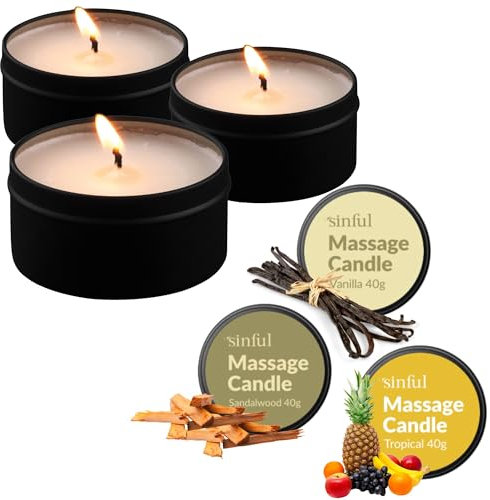 Sinful Intimate Candle Set - 3 x 40 g Candles - Vanilla, Tropical and Sandalwood Scented Wax - Massage Candles for Couples - Massage Candle for Date Night
