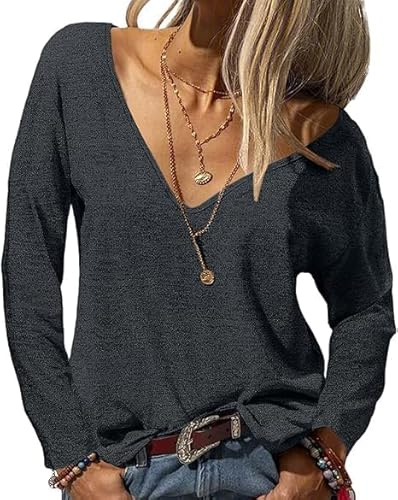 Fisoew Långärmad damtröja baströja med V-ringning enfärgat sexiga toppar, lös långärmad t-shirt