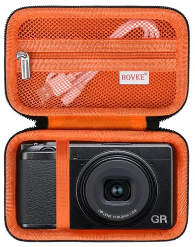 BOVKE Carrying Case Compatible with Ricoh GR IIIx HDF/GR IIIx/Ricoh GR III HDF/GR III Digital Camera, Extra Mesh Pocket for Charging Cables and Accessories, Black+Orange