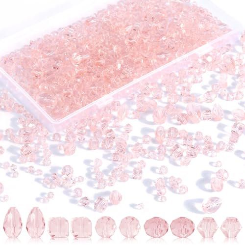 1000 Stück Glasperlen zum Auffädeln, Glitzer Bastelperlen, 4/5/6/8mm Perlen zum Auffädeln, Kristall Perlen mit BehäLterbox für DIY Schmuckherstellung (Rosa)