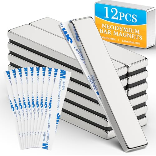 Grtard 12 Stück 60x10x3 mm Neodym Magnete Extra Stark, Starke Stabmagnet, Magnetstreifen, Seltenerdmagnete mit Doppelseitigem Klebemittel, Kühlschrankmagnet für Mehrfachnutzung