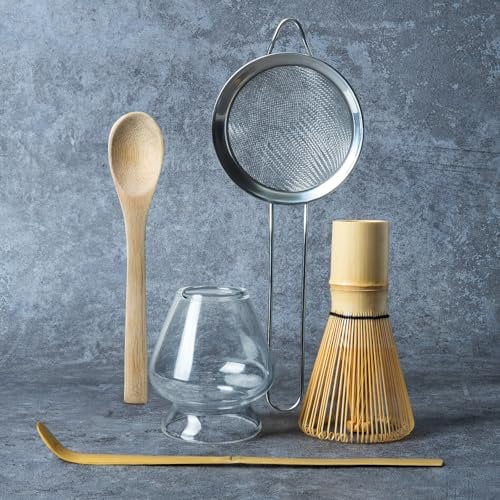 Matcha Whisk Set Glass, Matcha Making Kit Whisk (Chasen Holder), Glass Whisk Holder, Bamboo Scoop, Powder Starter Sifter, Spoon Japanese Tea Tools For Ceremony Gift