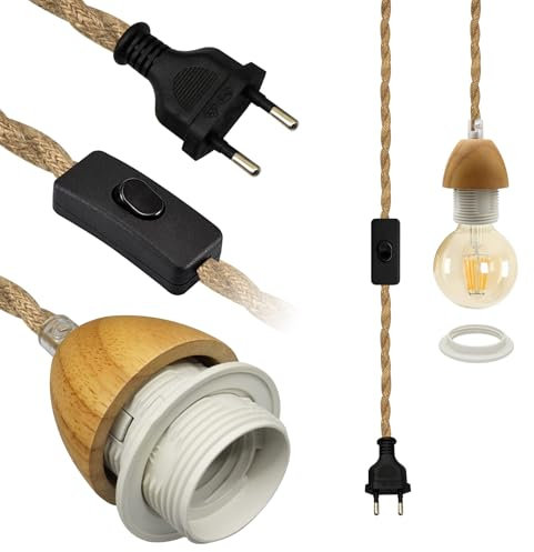 Lustre Corde de Chanvre 5,1M, Douille E27 avec Câble et Interrupteur, Câble Suspension Luminaire Compatible avec les abat-jour, Lampe Suspendue Industrielle, Lampe Prise Vintage pour Salon,Chambre