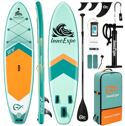 InnoExpo Aufblasbare Stand-Up-Paddle-Boards mit Premium-Zubehör, breites, stabiles SUP-Paddelboard-Design, rutschfestes Komfort-Deck für Jugendliche und Erwachsene