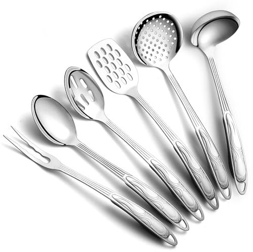 Berglander ustensiles de cuisine en acier inoxydable 6 pièces, gadgets de cuisine essentiels un spatules en métal, écumoire, louche, cuillère de service, cuillère à fentes, fourchette à découper