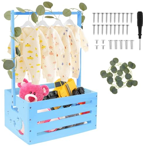 Yunlaishaocer Holz Baby Geschenk Korb mit Griff, Babykorb Neugeborene mit Grüne Kletterpflanzenzweige, Wickelkorb, Kinderdusche Holzkisten, Schwangerschaftsgeschenke für Neue Eltern (Blau)