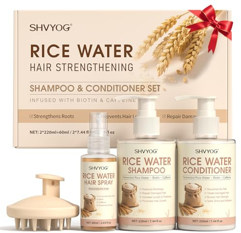 Set de Champú y Acondicionador de Agua de Arroz, Enriquecido con Biotina y Cafeína, Para el Crecimiento del Cabello, Anticaída, Reparador del Cabello Dañado, Ideal Hombres Mujeres, 220ml*2+60ml
