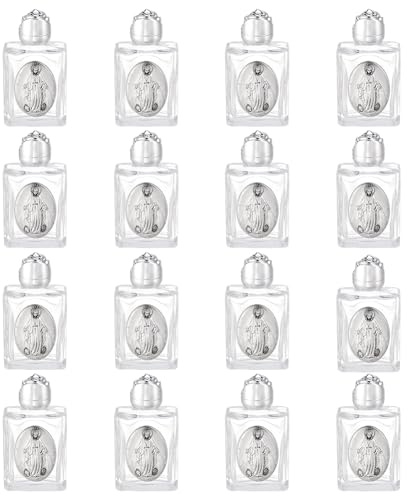 WEBEEDY 16 Pcs Small Empty Glass Holy Water Bottles 0.5 Floz/15ml Embossed Holy Water Bottle with Lid, Portable Essential Oil Container Communion Church Gifts for Home Wedding Halloween Baptism Favors