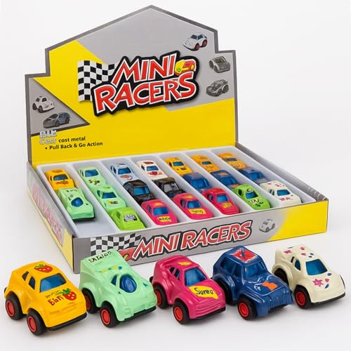 MIJOMA Mini Racer Set 24 Stück – Metall-Spielautos mit Rückziehmotor, bunt Sortiert, ca. 3 cm – Pull-Back Cars für Kinder, Mitgebsel & Schultüte