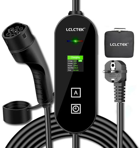 LCLCTEK® 5m Cargador Coche Eléctrico Portátil [3,68kW|8A~16A|5-Metro],Cable Cargador Coche Vehiculo con Tipo 2 Enchufe Schuko,Antalla Digital con Función de temporización,para EV/PHEV IEC 62196-2