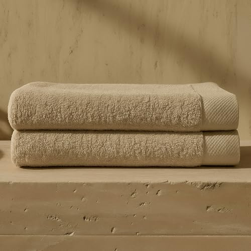 VOUCLER – Oasis Juego 2 de Toallas de Baño Grandes 100x160 cm Beige | 100% Algodón Toalla de Rizo con Hilo 16/1 Peinado Turco 550 gsm | Juego Toallas Baño Premium Super Absorbentes Oeko-Tex