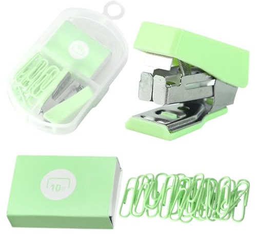 Engrapadora Mini 10# con 400 Grapas + 20 Clips - Set Portátil para Niños, Escuela y Oficina - Compacta, Ligera y Antióxido (Metal/Plástico) (Verde Menta)