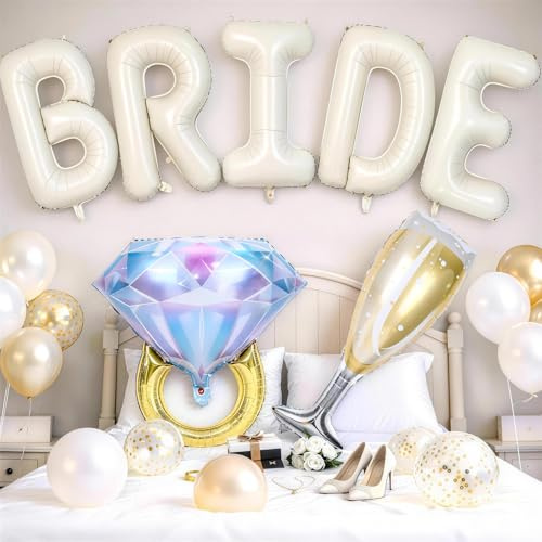 40inch Cream Bride Balloons with Engagement Diamond Ring Balloons Champagne Wine Glass Foil Balloon for Bride to Be Bridal Shower Engagement Bachelorette Wedding Just Married Engaged Party Decorations