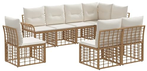 vidaXL Outdoor-Sofagarnitur 8 pcs Natürlich und Cremweiß Polyester, Outdoor-Sofa-Set, modernes Design, wetterfest, mit verstellbaren Füßen, Bequeme Gartenlounge-Sektion