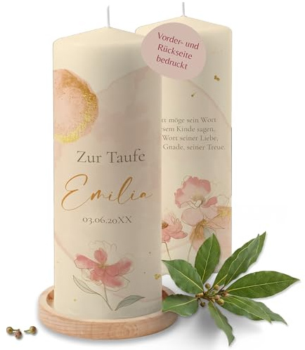 Taufkerze - Zur Taufe mit Name, Datum und Spruch - personalisierte Taufgeschenke für Mädchen - 230/78 mm - Elfenbein