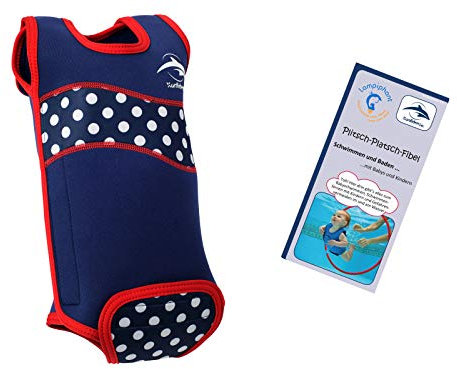 Lampiphant® + Konfidence Babywarma, Schwimm-Anzug mit Plitsch-Platsch-Fibel, Blau-weiß gepunktet, 0-6 Monate