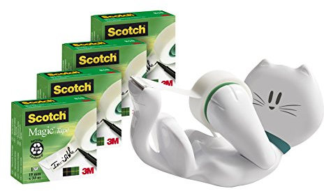 Scotch CATSM4 Handabroller Promotion in Katzenform, inklusiv 4 Rollen Magic Klebeband, 19 mm x 33 m, weiß