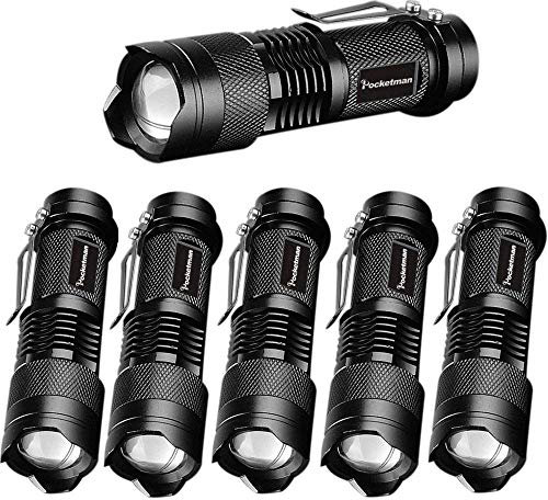 Pack de 6, Pocketman 7W 300LM SK-68 Lampe tactique torche à 3 modes Mini Q5 LED Lampe tactique Mise au point réglable Lumière zoomable (Noir)